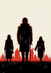 A dramatic scene unfolds as a hooded figure stands protectively between two companions amidst a desolate cityscape at dusk.