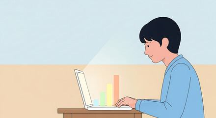 A person works on a laptop displaying graphs at a desk indoors.