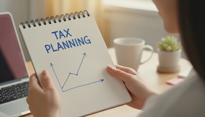 Person holds a spiral notebook displaying tax planning and a rising graph, illustrating financial management and strategic investment for future growth and savings
