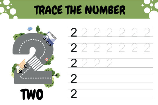 Number 2 Tracing Activity for Kids. Featuring a playful road-themed number design with vehicles and nature elements, the page includes multiple traceable lines to practice handwriting.