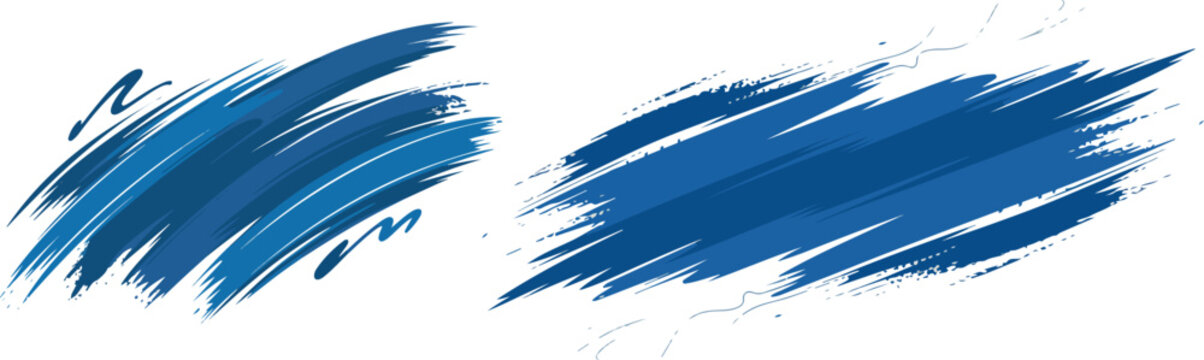 Dynamic diagonal blue brush stroke banner background. Hand drawn grainy vector brush texture with distressed rough edges, vintage style abstract smears and expressive squiggle shapes eps
