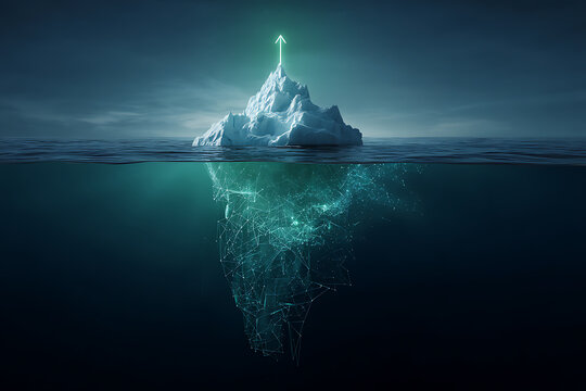 Glowing iceberg floating in dark ocean water under mysterious night sky - Powered by Adobe
