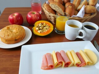 Healthy breakfast spread on wooden table