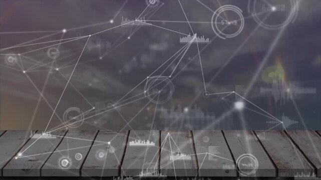 Animation of network of connections with data processing over moon and sun