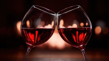 Two wine glasses clink in a romantic, warm setting with red wine and a soft blurred background.