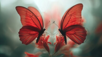 Two red mirrored butterflies with a soft, dreamy background.