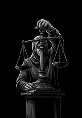 A hooded figure holds the scales of justice on a pedestal in a dark environment.