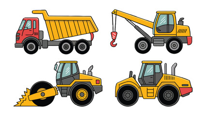 Construction Equipment Variety: Illustrative depiction of four distinct pieces of heavy machinery, showcasing a dump truck, crane truck, road roller and a bulldozer.