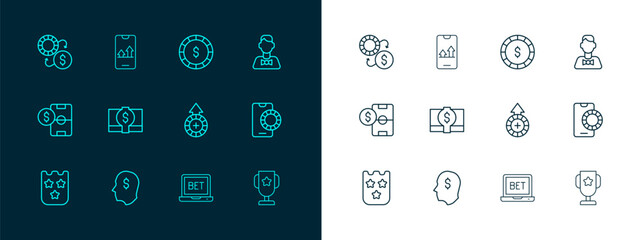 Set line Casino dealer, Lucky player, chips, Online sports betting, Stacks paper money cash, with dollar, exchange and icon. Vector