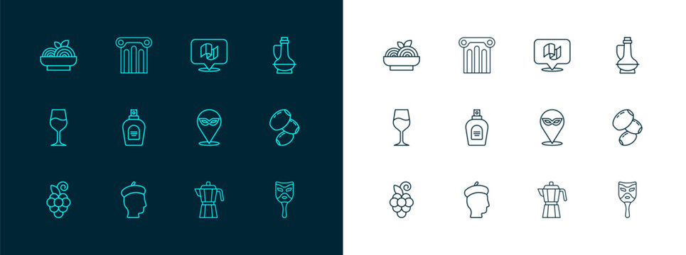 Set line Bottle of olive oil, French man, Carnival mask, Coffee maker moca pot, Perfume, Flag Italy, Pasta spaghetti and Ancient column icon. Vector