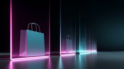 Online shopping platform with glowing holographic interface showcasing shopping bags