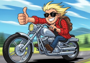 Cartoon man riding a motorcycle giving a thumbs up