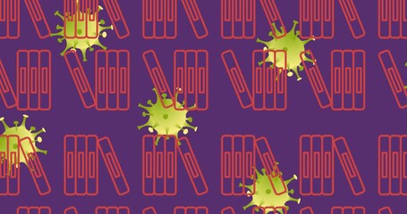 Animation of book icons over virus cells on purple background - Powered by Adobe