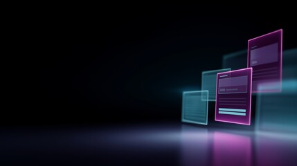 Online shopping platform with glowing holographic interface in dark setting