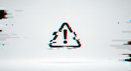 A distorted warning sign appears on a glitchy screen with error signals.