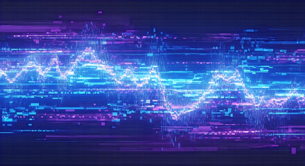A vibrant digital waveform graph displays fluctuating data patterns in a dark tech environment with glowing blue and pink lines.