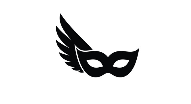Elegant black silhouette icon of a simple masquerade mask with a bird wing on one side, symbolizing mystery, freedom, and fantasy.