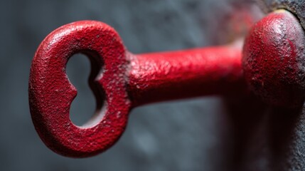 Close-up of a rusty red key with a weathered texture and keyhole.