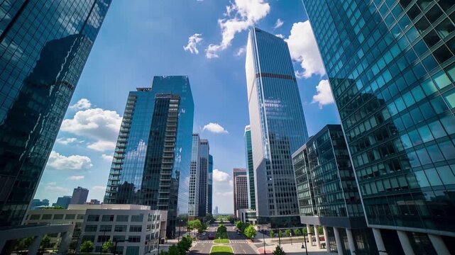 Timelapse Low angle view of modern glass skyscrapers reaching toward a blue sky with white clouds.