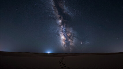 Celestial splendor illuminates the silent desert as the radiant Milky Way arcs across the dark canvas, inviting contemplation under a blanket of countless stars