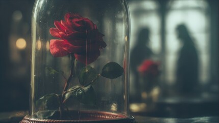 Red rose encased in a glass dome with moody lighting and blurred silhouettes in the background.