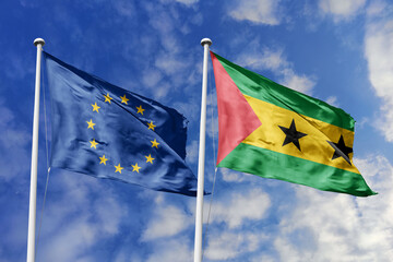 Waving flags of the European Union and Sao Tome and Principe together on blue sky background. Official diplomatic relations, partnership and business concept.