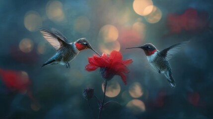 Obraz premium Two hummingbirds hover near a red flower against a soft, bokeh background.