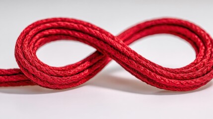 Closeup of a red textured rope shaped into an infinity loop on a white background.