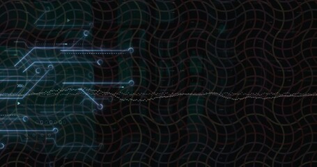 Animation of circuit board pattern, soundwave over moving grid pattern against black background - Powered by Adobe