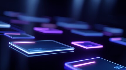 Digital commerce ecosystem with neon lights in a cyber setting at nighttime