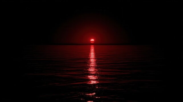 Dark seascape at dusk with a red sun and a glowing reflection on calm, rippled water.