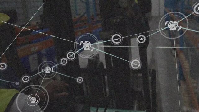 Animation of icons connected with lines over african american worker driving forklift in warehouse