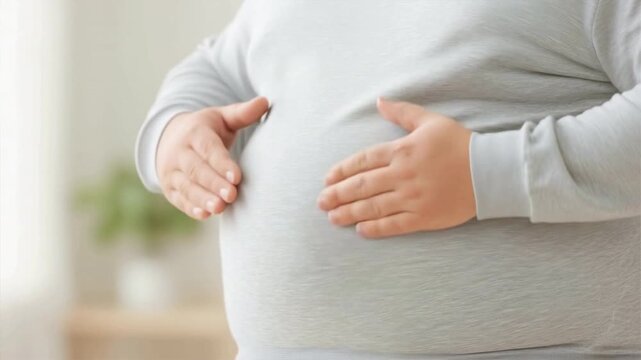 A close-up of a person gently embracing their belly, symbolizing body positivity and self-acceptance. - Powered by Adobe