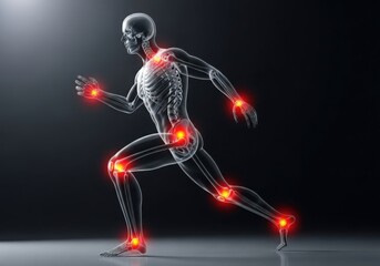 Anatomical illustration of a runner with highlighted joints indicating pain or inflammation