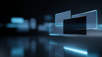 Floating transparent shapes on dark background create a modern visual effect with subtle light