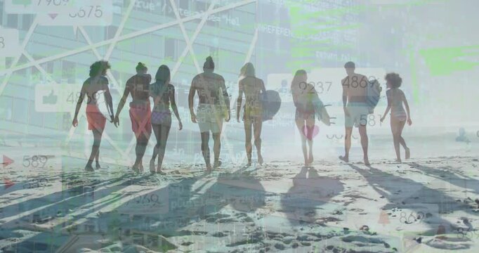 Animation of notification icons, building over diverse friends with surfboards walking towards sea