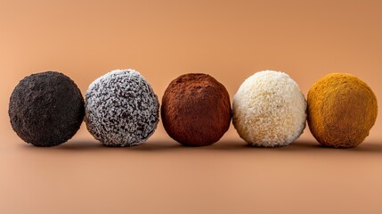 Five gourmet chocolate truffles, each a unique flavor, are beautifully arranged in a line