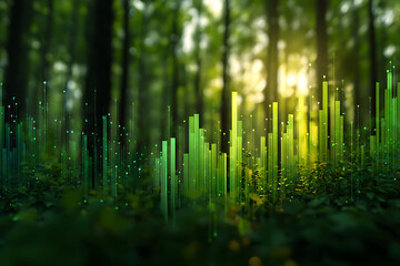 Sunlight filtering through dense forest trees with green foliage and undergrowth in a natural woodland environment