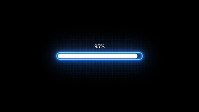 Glowing neon Status bar, process indicator from 0 to 100 increasing percentage, progress bar animation.Uploading,Download bar,update animation. grid background. sample neon loading bar