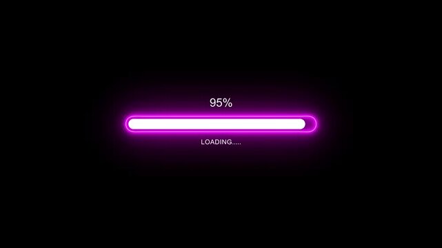 Glowing neon Status bar, process indicator from 0 to 100 increasing percentage, progress bar animation.Uploading,Download bar,update animation. grid background. sample neon loading bar