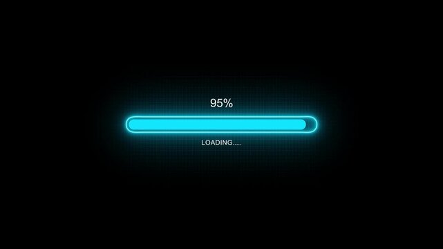 Glowing neon Status bar, process indicator from 0 to 100 increasing percentage, progress bar animation.Uploading,Download bar,update animation. grid background. sample neon loading bar