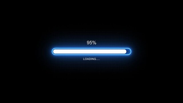 Glowing neon Status bar, process indicator from 0 to 100 increasing percentage, progress bar animation.Uploading,Download bar,update animation. grid background. sample neon loading bar