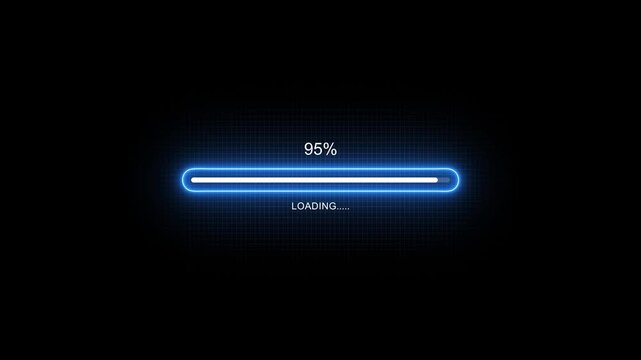 Glowing neon Status bar, process indicator from 0 to 100 increasing percentage, progress bar animation.Uploading,Download bar,update animation. grid background. sample neon loading bar