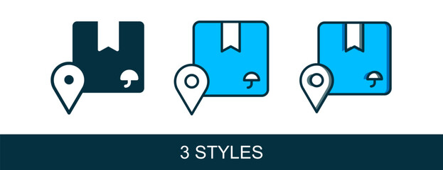 Filled outline Location with cardboard box icon isolated on white background. Delivery services, logistic and transportation, distribution. Vector