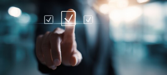 The Finger Selecting a Digital Checkbox on a Futuristic Touchscreen Interface