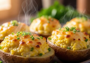 Closeup of steaming baked potatoes stuffed with cheese and chives on a platter