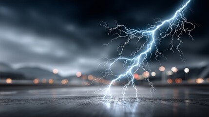Lightning bolts cut through dark clouds in a storm, casting a vivid glow over the landscape