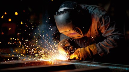 A welder working in a dark environment with many sparks flying around. The sparks are bright yellow and orange. They are wearing protective gear. Metalworking process.
