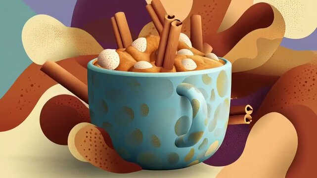 Blue Mug with Cinnamon Sticks and White Marshmallows