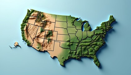 USA map shows elevation with desert terrain on west and green land on east. Three dimensional cartography with state borders visible. Continental geography illustration.